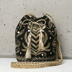 Bershka Black and Gold Embroidered Crossbody Bag